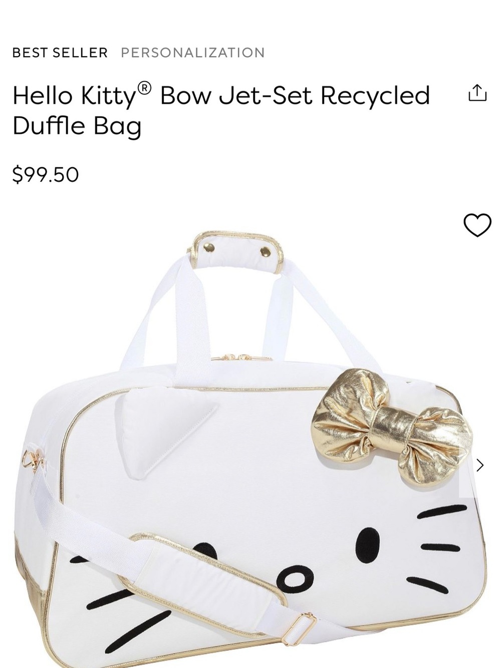 Hello Kitty White & Gold Bow Travel Duffle Bag